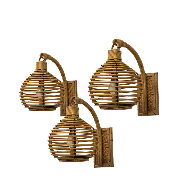 Wall Lamps in Wicker and Bamboo, 1970s, Set of 3 For Sale