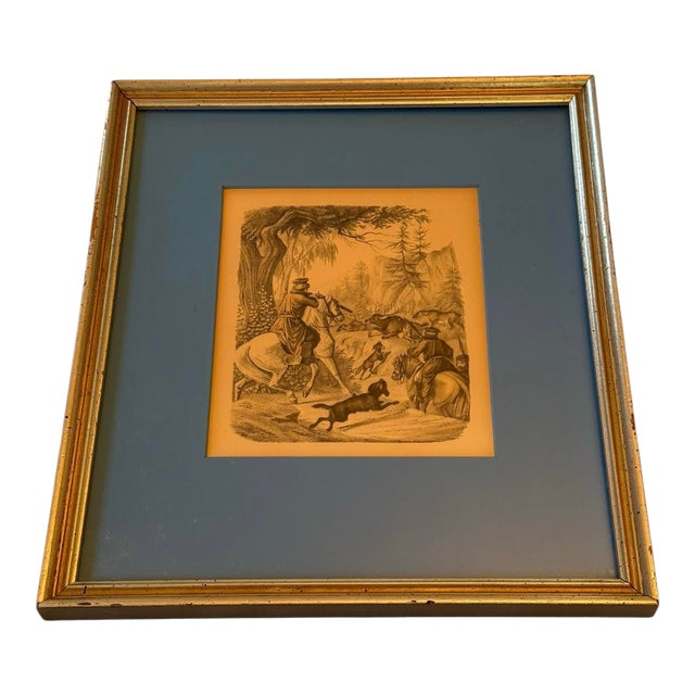 Gold Framed Antique German Handcolored Lithograph Print “The Elk Hunt” Reproduction For Sale