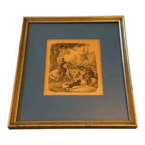 Gold Framed Antique German Handcolored Lithograph Print “The Elk Hunt” Reproduction