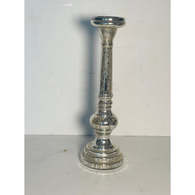 Shabby Chic 18” Tall Vintage Mercury Glass Candlestick For Sale - Image 3 of 5