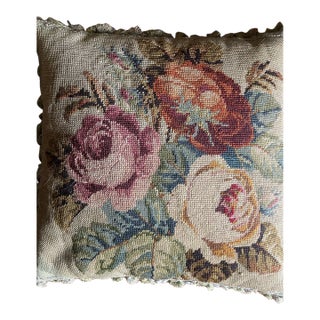 Authentic 19th Century French Needlepoint Pillow, With Down Interior and Velvet Backing. For Sale