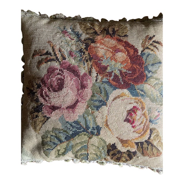 Authentic 19th Century French Needlepoint Pillow, With Down Interior and Velvet Backing. For Sale