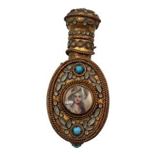 Circa 1900 European Gilt Brass Filigree & Enamel Scent Bottle For Sale