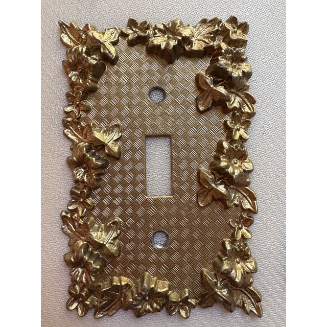 Vintage American Tack 1967 Brass Casted Floral Light Switch Covers, Gold Switch Plate For Sale - Image 4 of 9