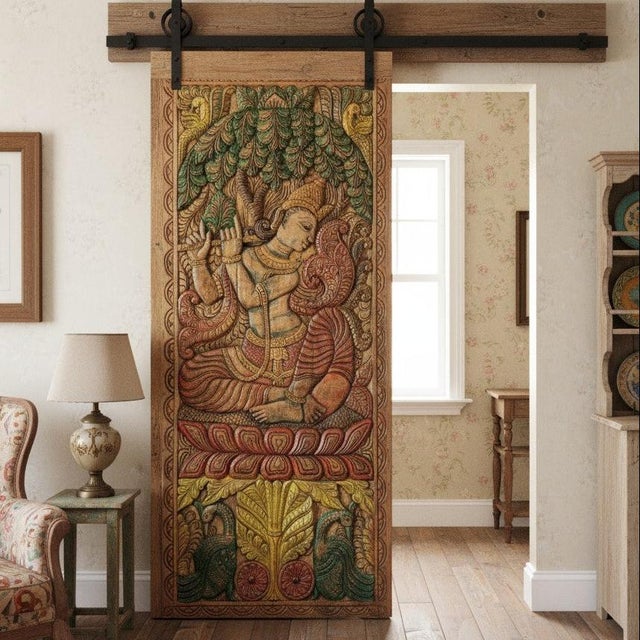 Yellow Fluting Krishna Carved Wood Wall Art – Vintage Indian Door Panel Decor 83x36 For Sale - Image 8 of 8