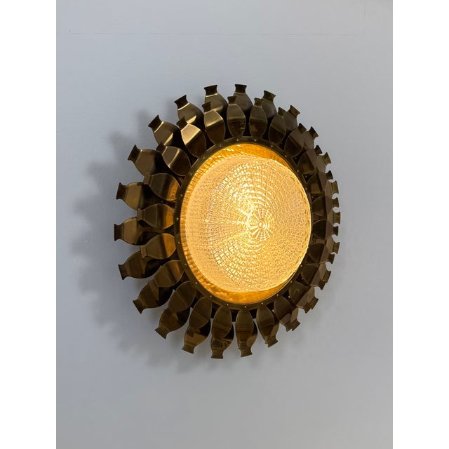 Vintage Brass and Pressed Molded Glass Wall Sconce, Sweden, 1960 For Sale - Image 3 of 11
