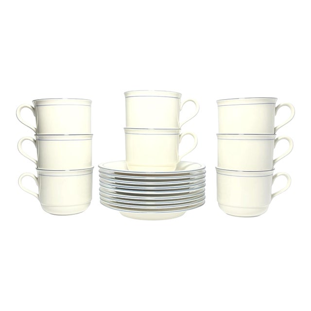 1990s Lenox “Blue Pinstripes (For the Blue)” 8 Tea Cups & Saucers - 16 pcs For Sale