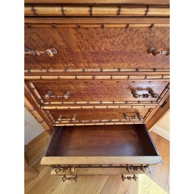Antique Bird’s-Eye Maple Faux Bamboo Six Drawer Chest of Drawers For Sale - Image 4 of 18