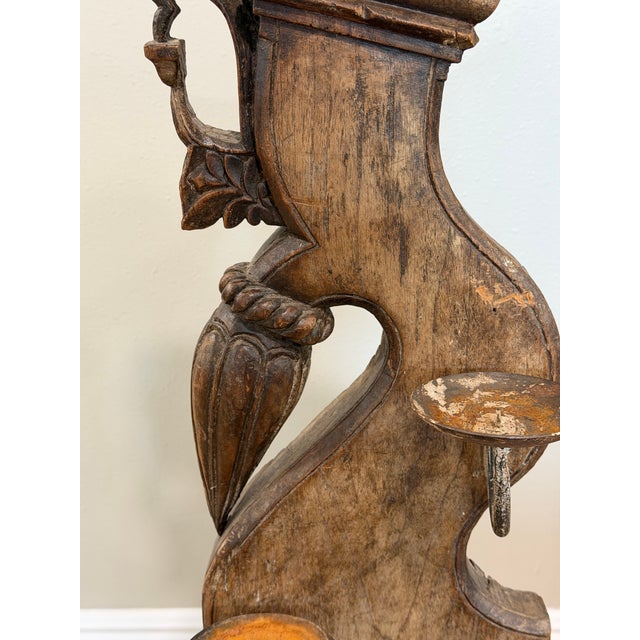 Indian Vintage Indian Carved Wood Architectural Fragment on Iron Candle Stand For Sale - Image 3 of 12
