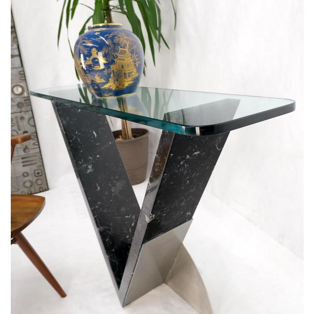 "V" Shape Marble Base Thick Glass Top Modern Custom Design Console Table For Sale - Image 9 of 13