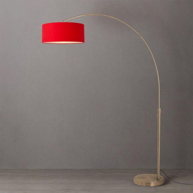 Mid-Century Modern 1960s Nova of California Float Brass Floor Lamp 92" Mid Century Modern Arc Lamp, Crimson Red Linen Drum Shade, Bulb Included For Sale - Image 3 of 4