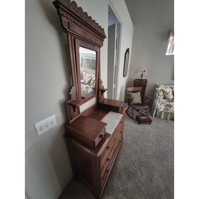 Victorian Antique Victorian Eastlake Marble Top Burled Dresser With Swivel Mirror For Sale - Image 3 of 7