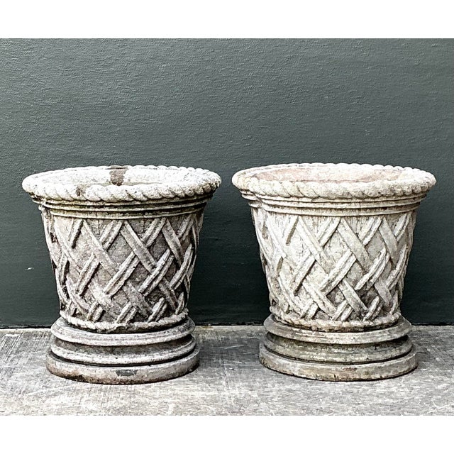 Sculpture Materials Vintage Cast Concrete Trellis Planters on Pedestals - A Pair For Sale - Image 7 of 12
