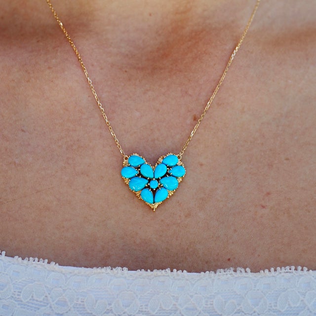 14K Yellow Gold Natural Turquoise｜Pear & Round｜Eye Clean Turquoise CTW: 4.40 Ornament Measurements: 20 x 22 mm Necklace...