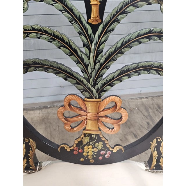 Late 20th Century Late 20th Century Pair of Karges Hepplewhite Plum Arm Chairs Ebonized, Carved Hand Painted Leather Fabric For Sale - Image 5 of 11