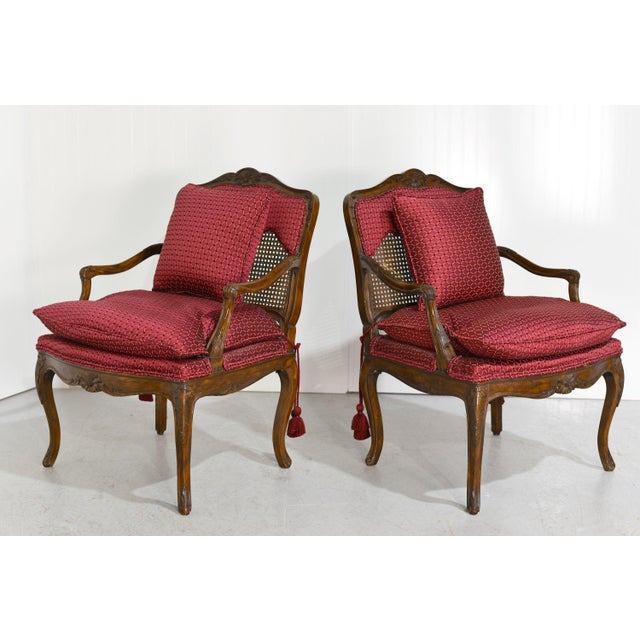 French Vintage French Bergere Carved Wood Cane Red Occasional Chairs - a Pair For Sale - Image 3 of 12