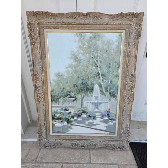Beautiful 20th century American Impressionist Painting of a lady in a park and a Fountain by Andre Gasson. Gasson...
