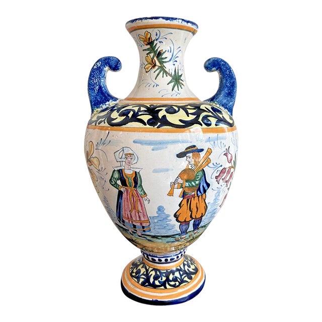 Early Vintage French Henriot Quimper Urn Vase Decor Riche Border For Sale