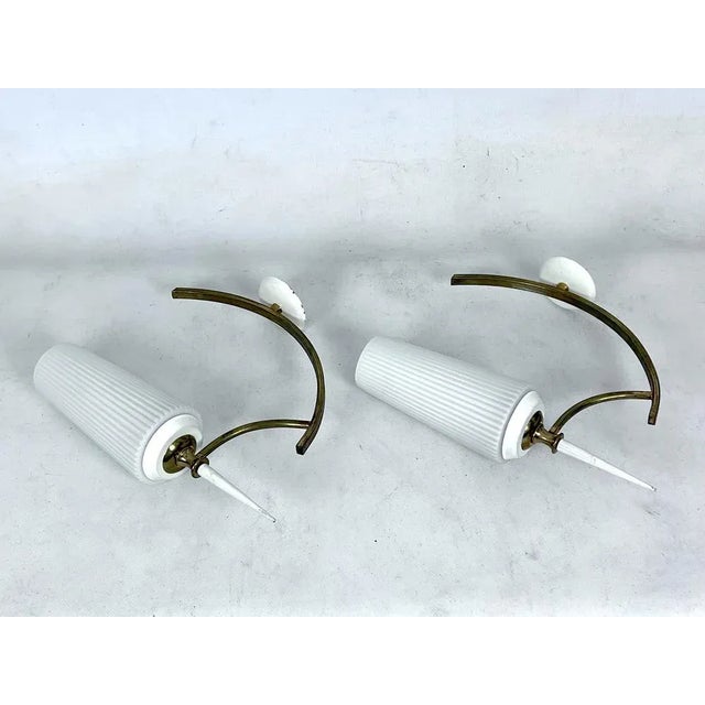Metal Mid-Century Italian Sconces in Brass and Opaline Glass, 1950s, Set of 2 For Sale - Image 7 of 13