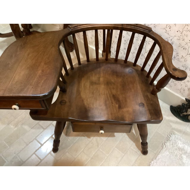 American Antique Large Wallace Nutting Windsor Style Writing Arm Chair With Drawers 42”t Brown Wood. For Sale - Image 3 of 7