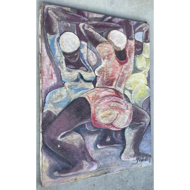 Large and interesting acrylic on canvas painting by Haitian artist Michel. Signed on lower right corner. Three black women...