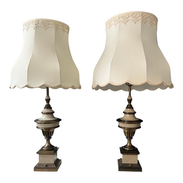 Vintage Stiffel Enameled Brass Table Lamps With Scalloped Shades — Elegant Neoclassical Form - a Pair For Sale
