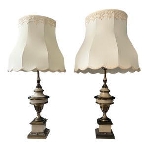 Vintage Stiffel Enameled Brass Table Lamps With Scalloped Shades — Elegant Neoclassical Form - a Pair