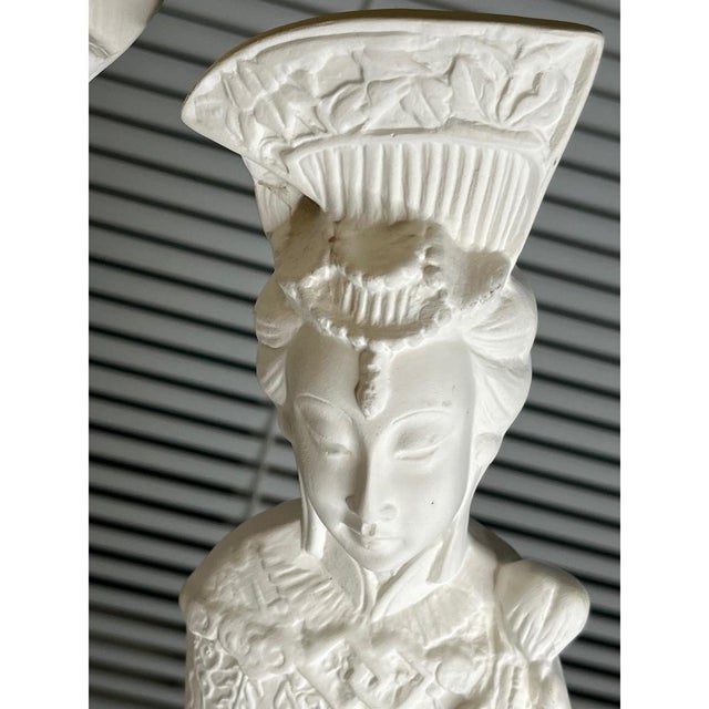 Sculpture Materials Vintage 22" Chinese Emperor & Empress Chalkware Statues - White Mid Century, A Pair For Sale - Image 7 of 17