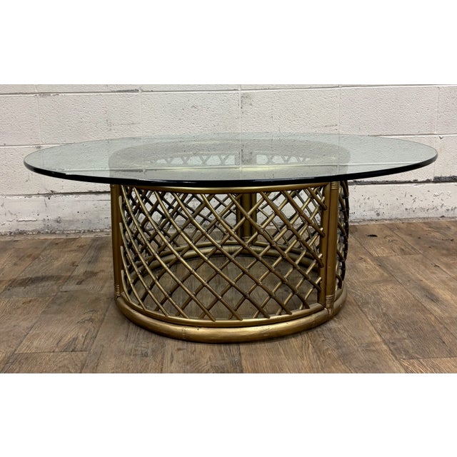 Vintage Boho Style Rattan and Glass Round Coffee Table Cocktail Table For Sale - Image 4 of 15
