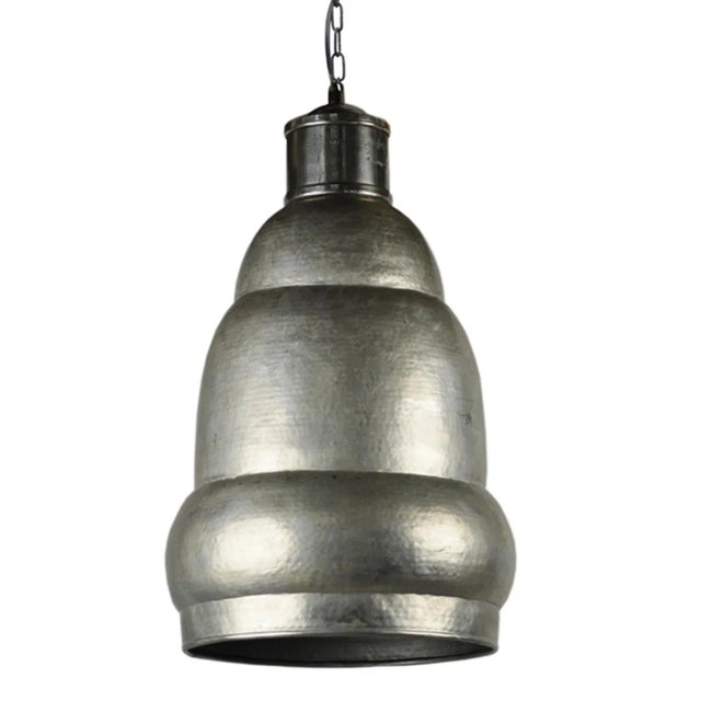 Hammered nickel finish pendant. Unique rounded design great for any industrial or modern interior. Each is slightly unique...