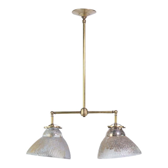 1910s X-Ray Glass Brass Pole Double Down Pendant Light For Sale