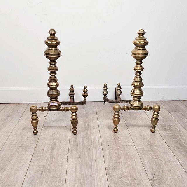 Mid 19th Century Pair of Large Brass and Iron Andirons, Circa 1850 For Sale - Image 5 of 9