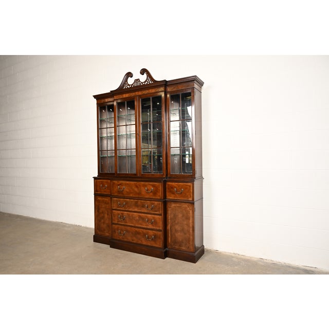 English Baker Furniture Georgian Flame Mahogany Lighted Breakfront Bookcase Cabinet With Drop Front Secretary Desk, Circa 1960s For Sale - Image 3 of 17