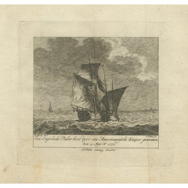 American Privateer Captures an English Packet Boat, 1777 Maritime Engraving This original eighteenth-century maritime...