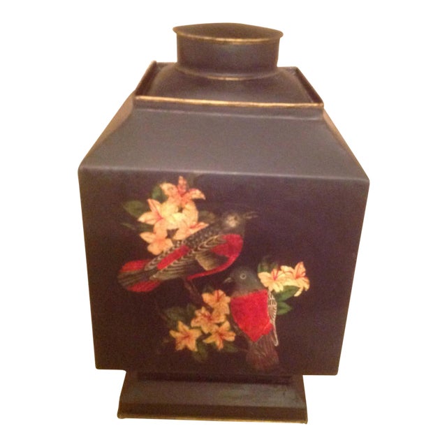 Vintage 1990s Vintage Hand Painted Black English Tole Tea Caddy For Sale