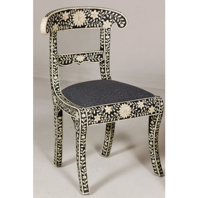 Early 21st Century Anglo-Indian Style Ebonized Side Chairs with Floral Themed Bone Inlay - A Pair For Sale In New York - Image 6 of 12