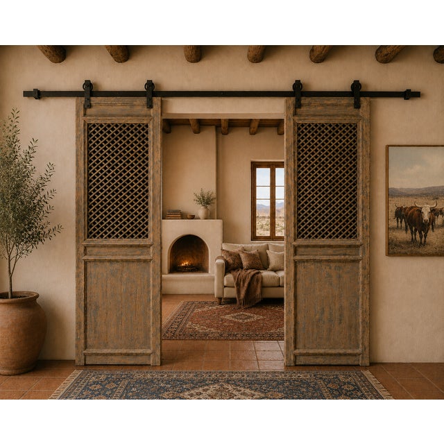 Pair of Antique Chinese Pine Trellis-top Wall Panels/Doors/Screen, originally designed as room paneling with deep...