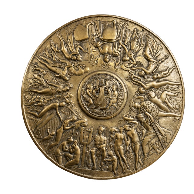 Gilt Bronze Tondo with Mythological Decoration The Arts and the Muses, 19th Century For Sale