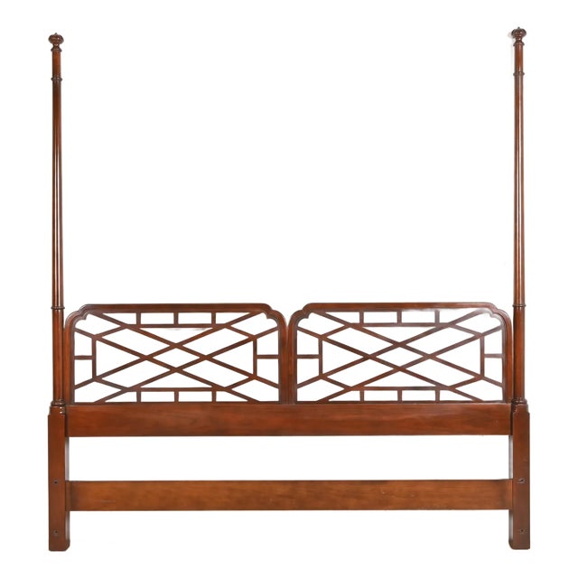 Baker Furniture Chinese Chippendale Carved Cherry Wood King Size Poster Headboard For Sale