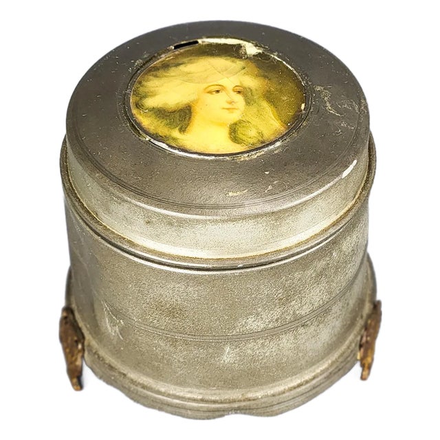 1920's French Metal Powder Puff Music Trinket Box For Sale