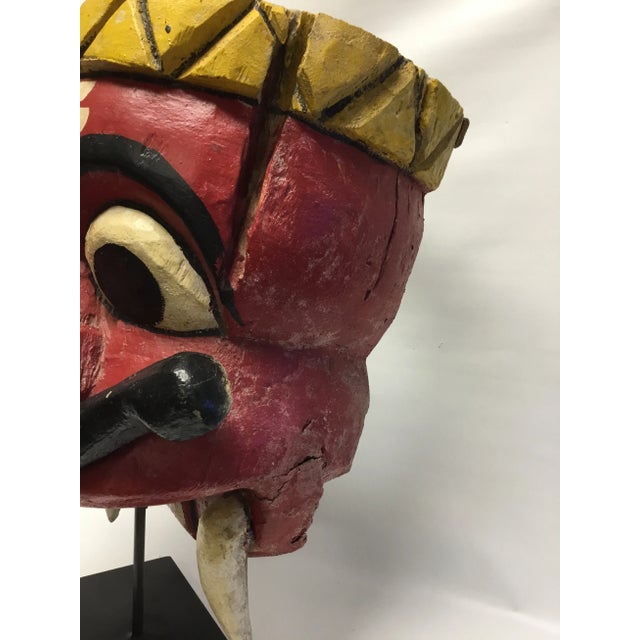 Wooden Mask on Base Red and Yellow For Sale - Image 6 of 11