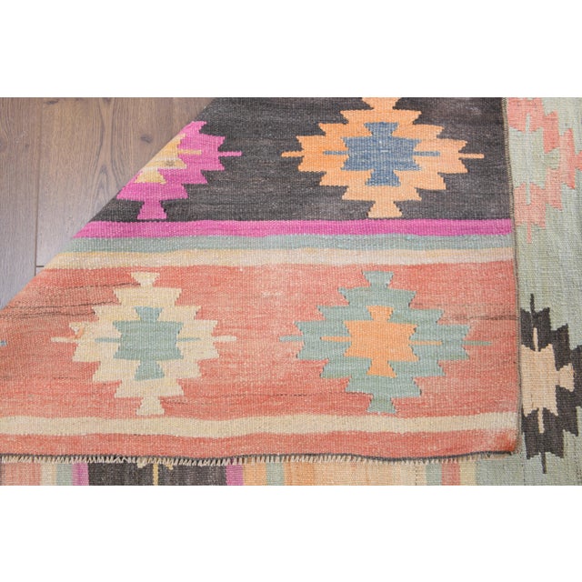 Vintage Turkish Oushak Handmade Wool Cotton Green Kilim Runner Rug For Sale - Image 6 of 9