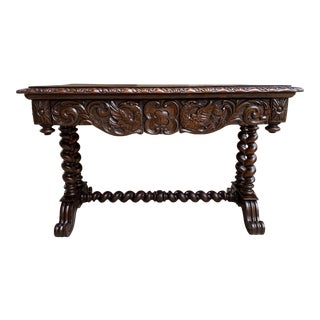 Antique French Console Sofa Table Carved Oak Barley Twist Desk Renaissance C1890 For Sale
