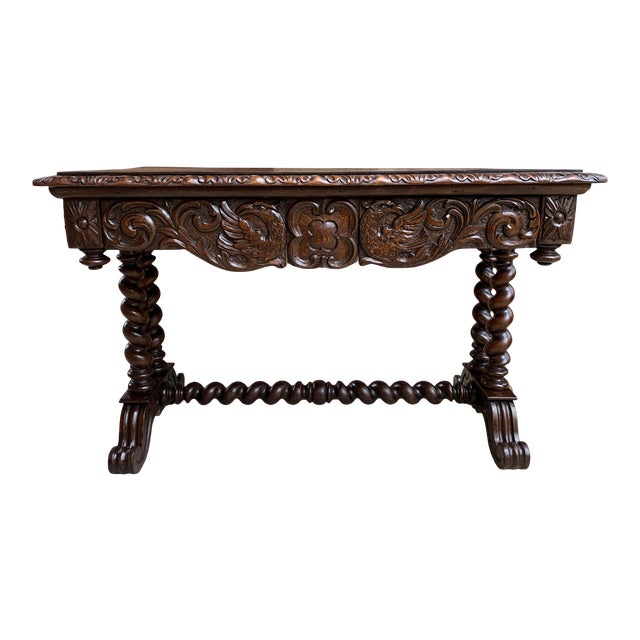Antique French Console Sofa Table Carved Oak Barley Twist Desk Renaissance C1890 For Sale