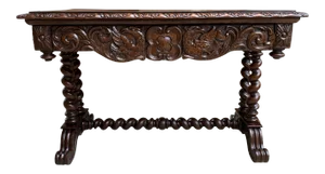 Antique French Console Sofa Table Carved Oak Barley Twist Desk Renaissance C1890