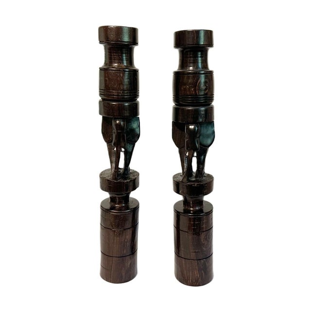 Tribal Vintage Tall African Elephant Carved Ebony Wood Candlestick Candle Holders For Sale - Image 3 of 5