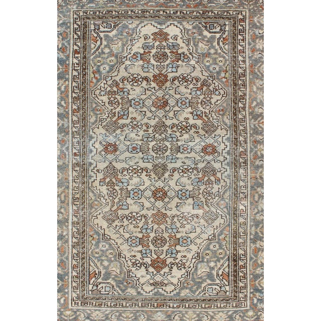 Antique Persian Malayer Rug With Soft Blue, Ivory, and Brown Geometric Medallion Design For Sale - Image 4 of 12