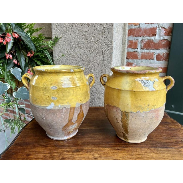 French Provincial Pair Antique Provincial French Yellow Glazed Pottery Confit Pot Urn Vessel Vase For Sale - Image 3 of 13