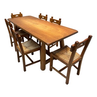 Brutalist Oak Dining Table with Chairs, Set of 7 For Sale