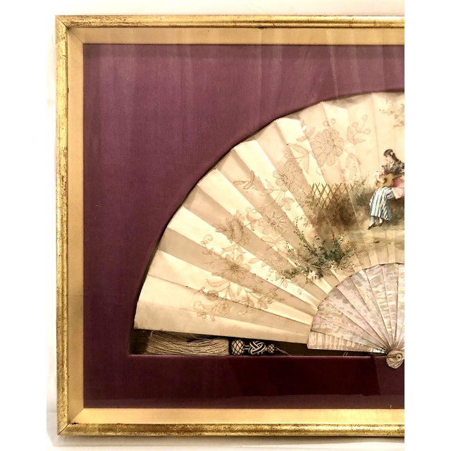 Antique Belle Époque Painted Silk and Mother-of-Pearl Framed Fan For Sale - Image 4 of 6